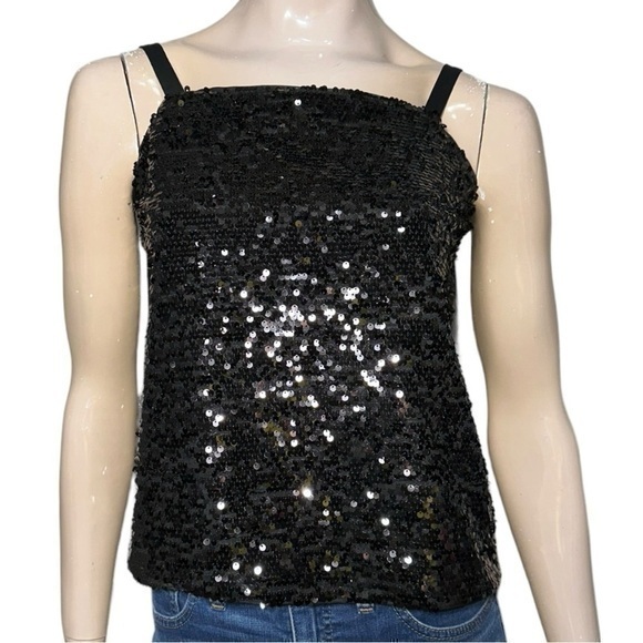 AX Armani Exchange NWT Women’s Size M Black Sequin Tie Shoulder Sleeveless Top - Picture 1 of 9
